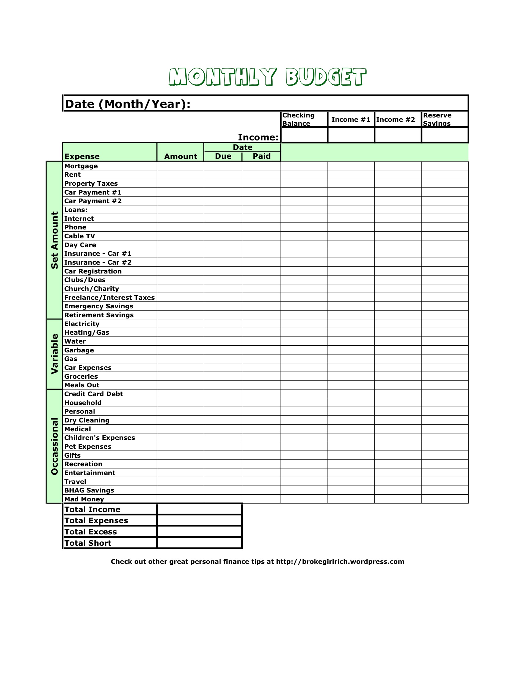 Monthly Budget Sheet: Click through to download.