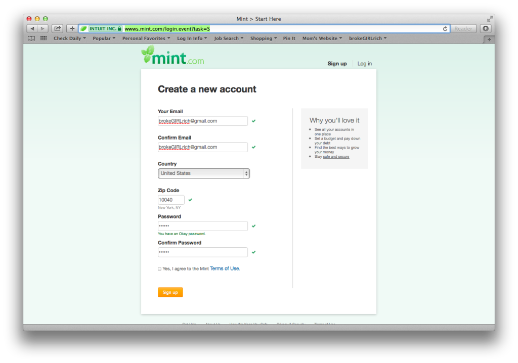 Mint - Sign Up Screen
