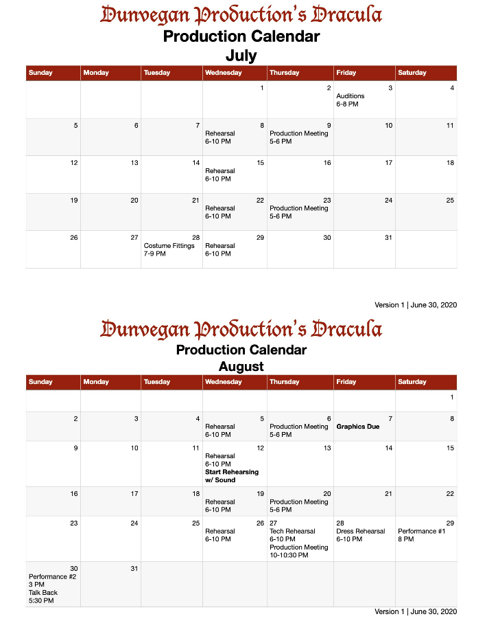 Production Calendar: Dracula