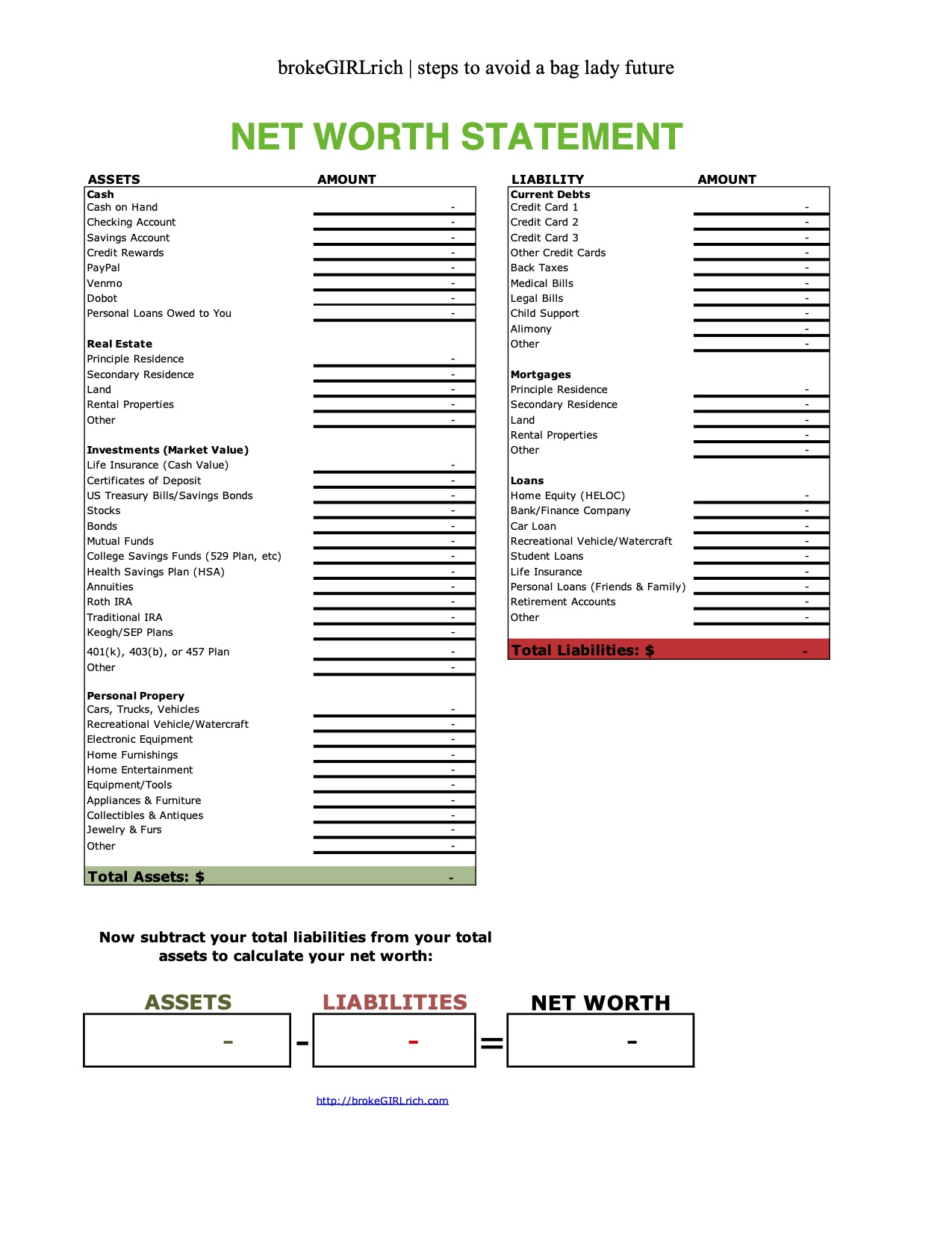 Free Net Worth Statement Template