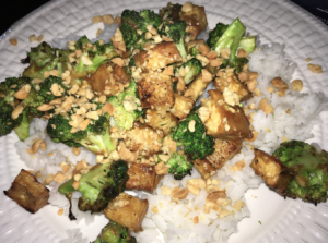 Vegan Crispy Kung Pao Tofu with Broccoli and Steamed Rice